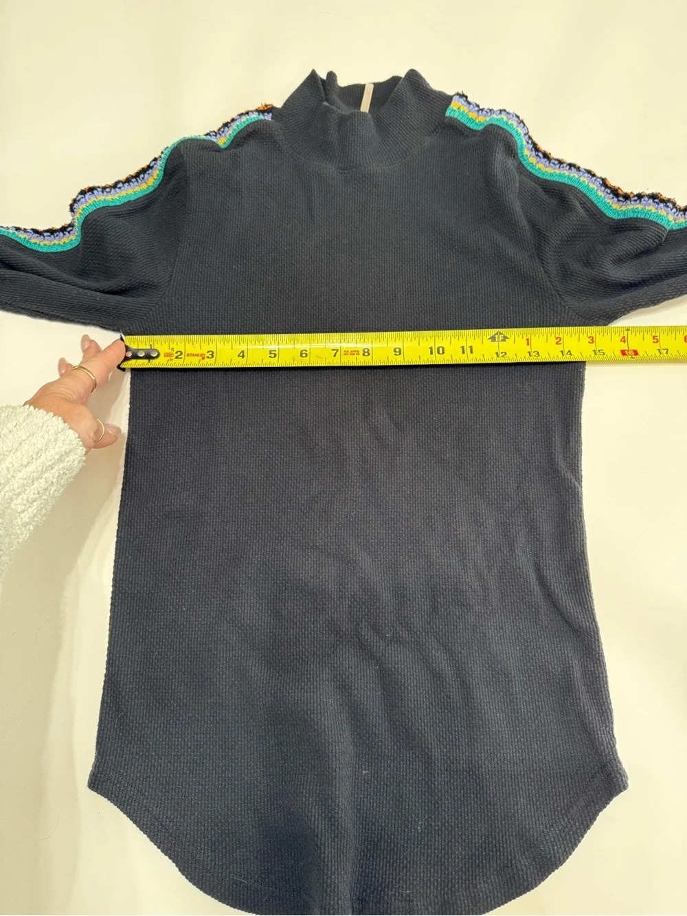 Free People Black Ribbed Long Sleeve Top with Multicolor Sleeve Stripes